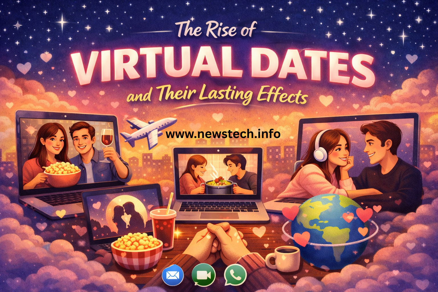 Virtual dating illustration showing couples connecting through video calls, enjoying movie nights and shared moments across long distances