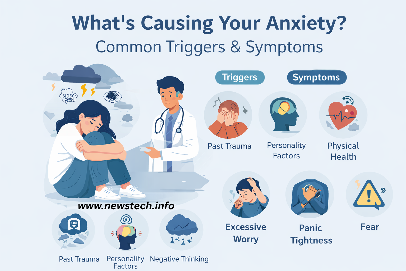 Common causes and symptoms of anxiety illustrated with mental and physical health triggers