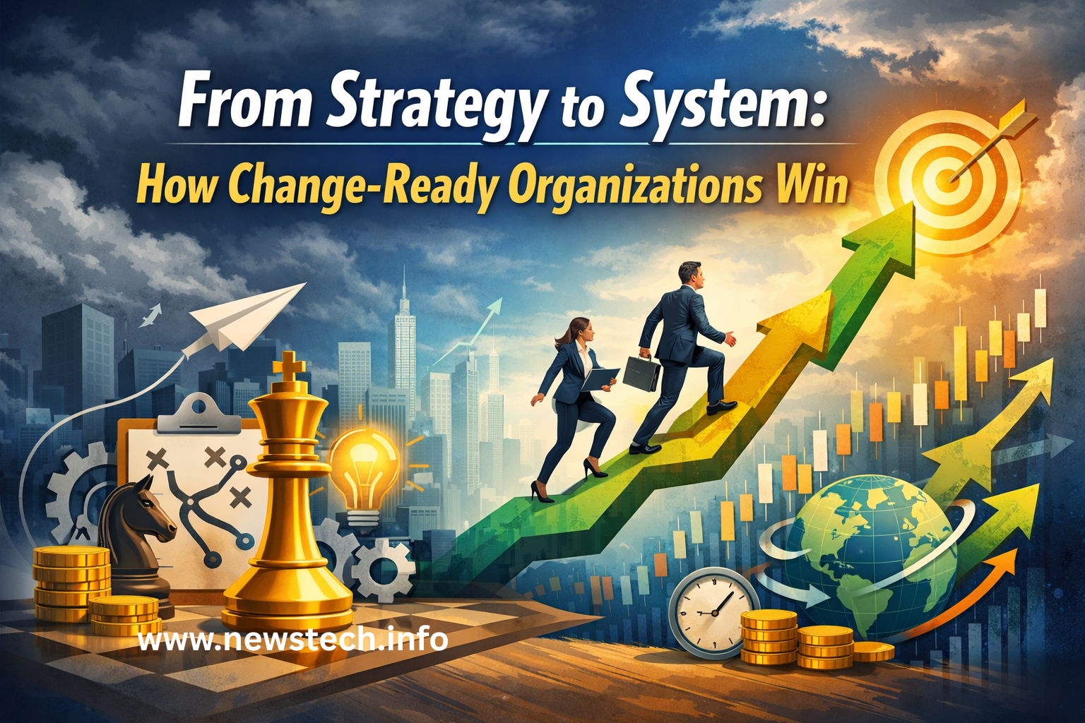 Change-ready organizations adapting to market volatility, shown through business professionals, growth charts, and strategic planning symbols.