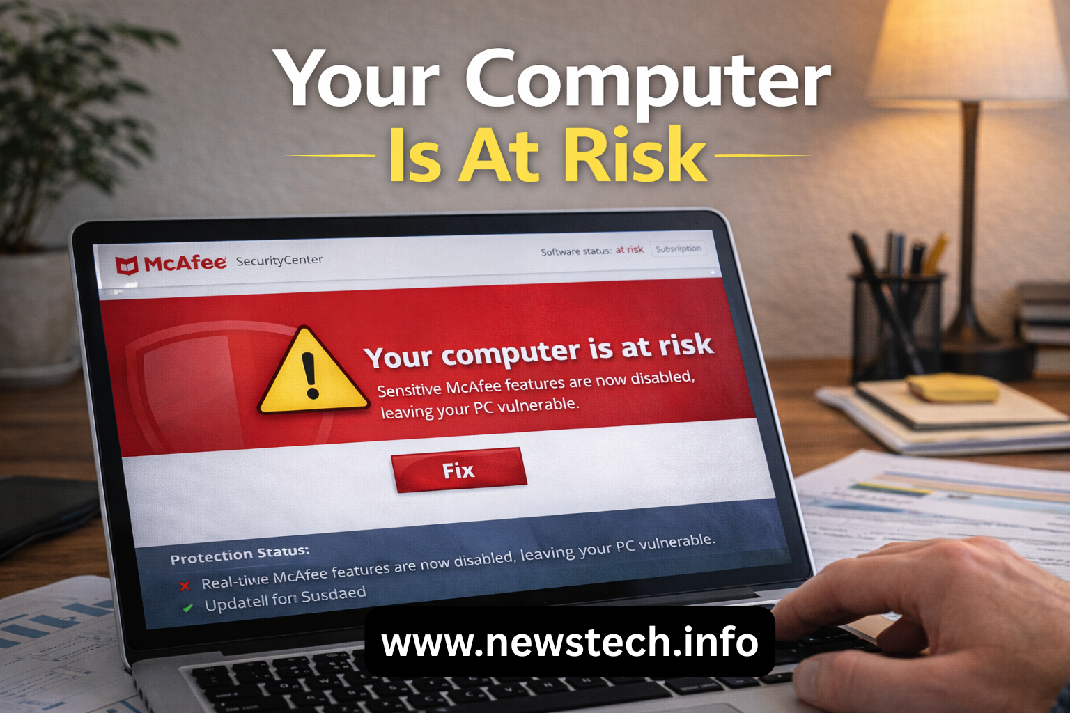 McAfee “Your Computer Is At Risk” warning message on Windows showing disabled firewall protection