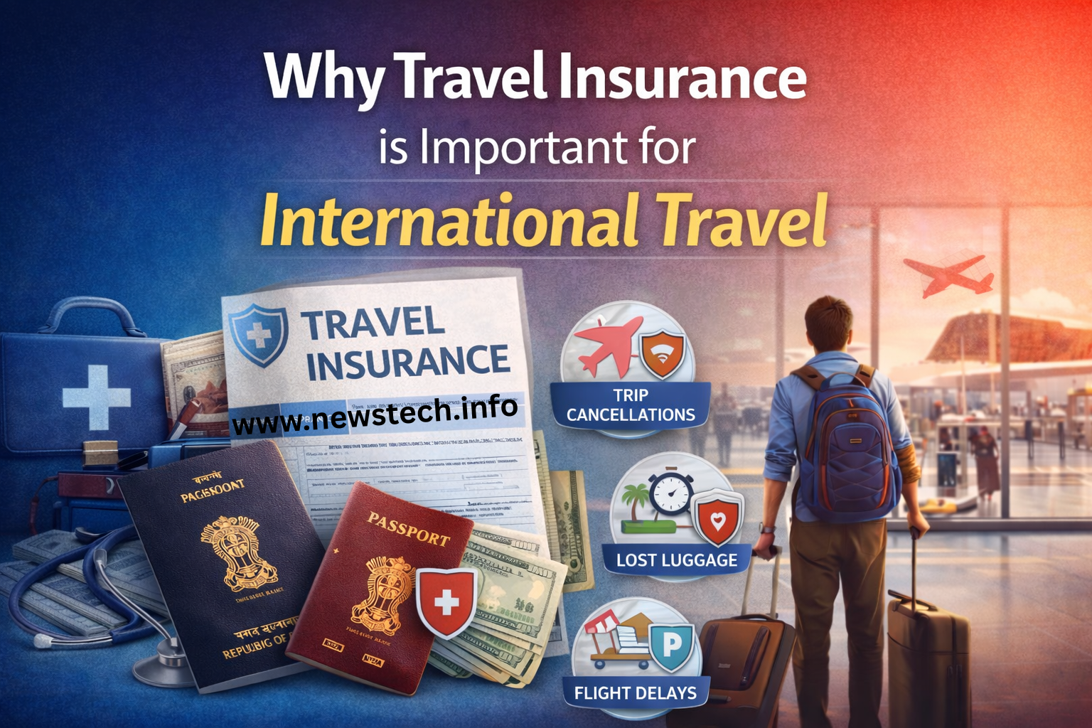 Why travel insurance is important for international travel showing traveler at airport with passport, luggage, and travel protection concept.