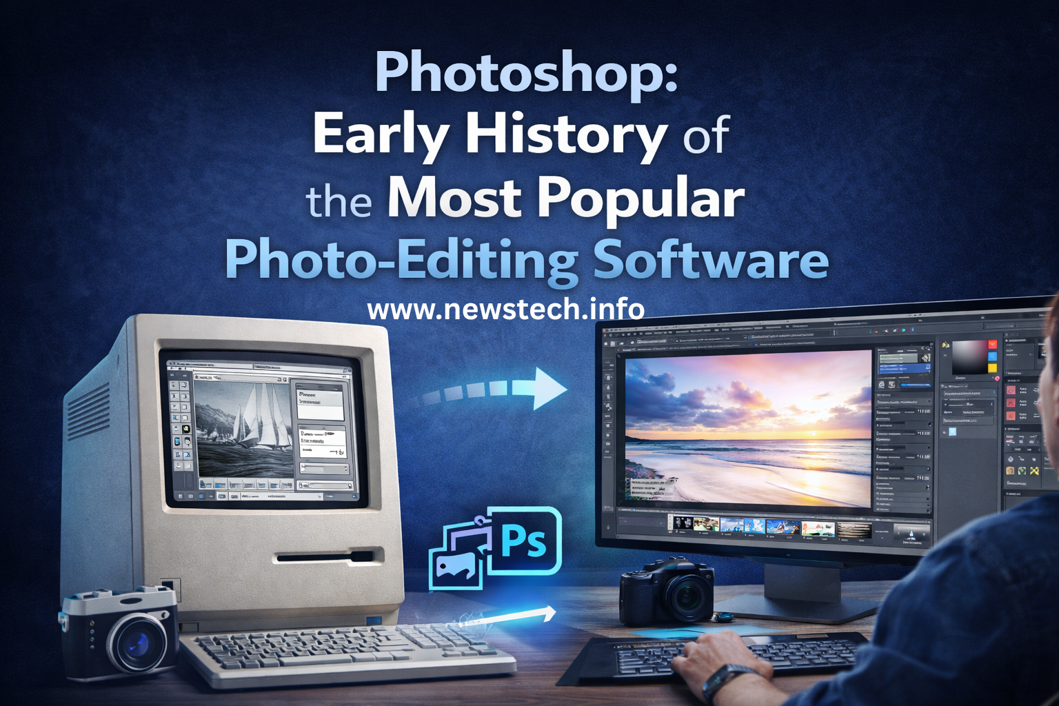 History of Adobe Photoshop showing evolution of photo editing software from early versions to modern creative tools