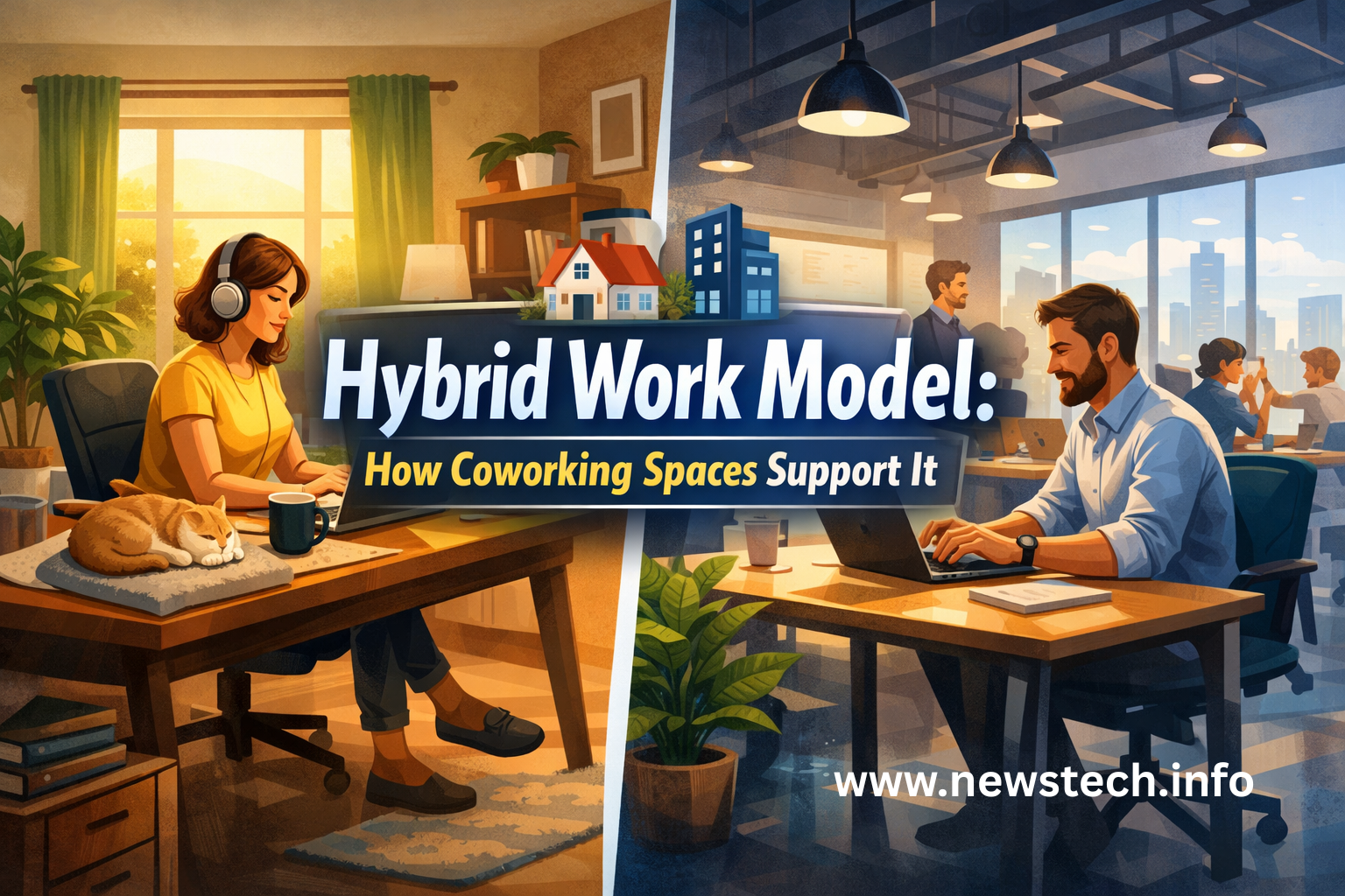 Illustration showing hybrid work model with a split view of a home office and a coworking space highlighting modern flexible work environments