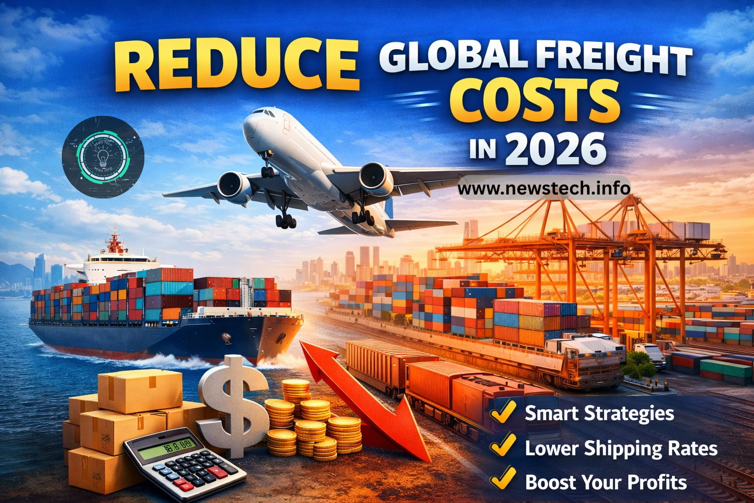 Small business strategies to reduce global freight costs in 2026 with cargo ship, airplane, and cost-saving icons