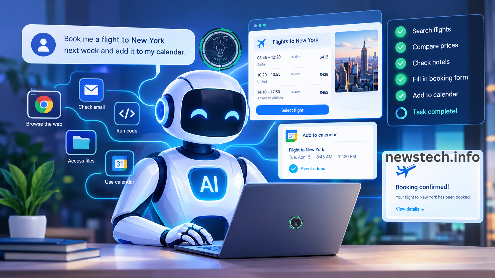 Agentic AI completing tasks autonomously across browsers and apps