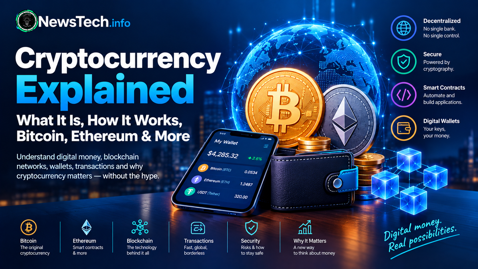 Cryptocurrency explained with Bitcoin, Ethereum, blockchain and digital money